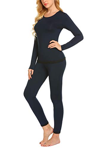 Ekouaer Damen Thermounterwäsche Set mit Fleece Langarm Funktionsunterwäsche Winter Skiunterwäsche Set Skinny Navy Blau S von Ekouaer