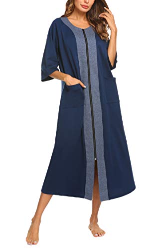 Ekouaer Damen zipper robe halbarm loungeganzkörper Nachthemd duster hausmantel mit taschen xx-large Marine blau von Ekouaer