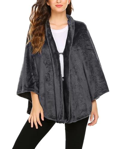 Ekouaer Flanell Poncho Damen Stole Fleece Schal Winter Cape Elegant Warm Leicht Cape, Grau M von Ekouaer