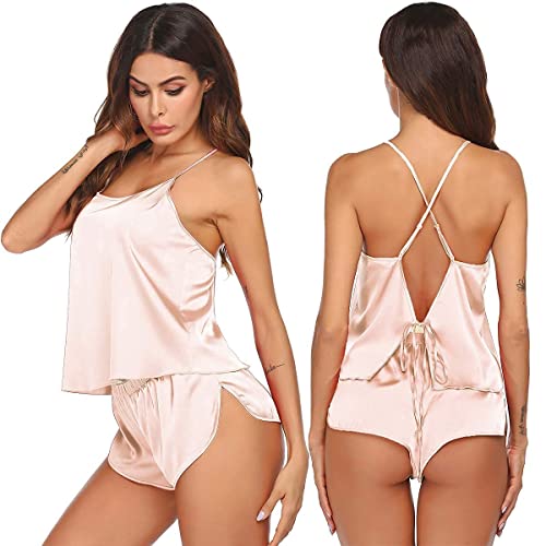 Ekouaer Frauen Pyjama Set 2 Stück Satin Nachtwäsche Dessous Weiche Seide Pjs Cami Top und Shorts Schlaf Camisole Nachtwäsche, A-Pastell Pfirsich, XXL von Ekouaer