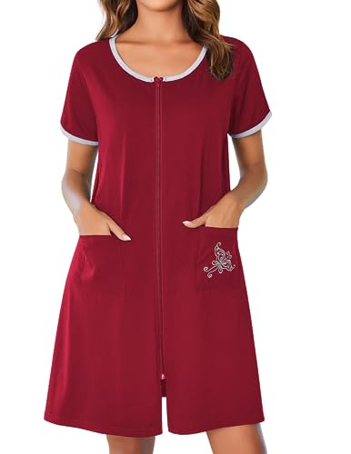 Ekouaer Damen-Hausmantel mit Reißverschluss vorne, kurze Ärmel, Bademantel, Kurzes Nachthemd mit Taschen, S-3XL, Weinrot, Large von Ekouaer