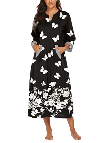 Ekouaer Frauen Reißverschluss Robe 3/4 Ärmel Loungewear Kleid in voller Länge Nachtwäsche Taschen Hausmantel Nachthemd Lange Bademantel, Stil 1-PAT10, XXX-Large von Ekouaer