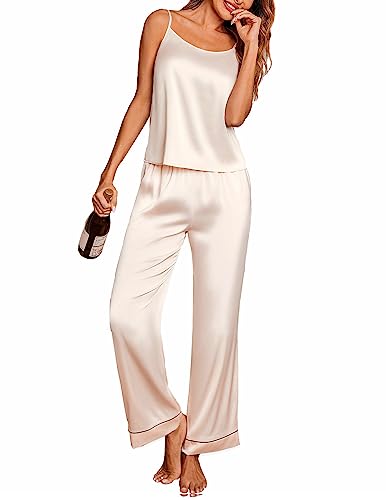 Ekouaer Frauen Satin Pyjama Seide Ärmellos Pjs Set Weiche Camisole Tops und Hosen mit Taschen S-XXL, Champagner, S von Ekouaer