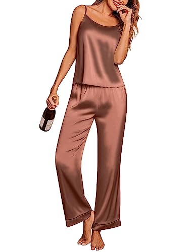 Ekouaer Damen-Pyjama-Set aus Satin, ärmellos, Seiden-Pyjama-Set, weiches Oberteil und Hose mit Taschen, S-XXL, Dunkles Khaki, M von Ekouaer