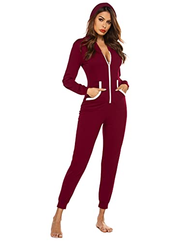 Ekouaer Jumpsuit Onesie Damen Weihnachten Kapuze Pyjamas Kuschelig Langarm Strampler Xmas Pyjama Frauen Weinrot XL von Ekouaer