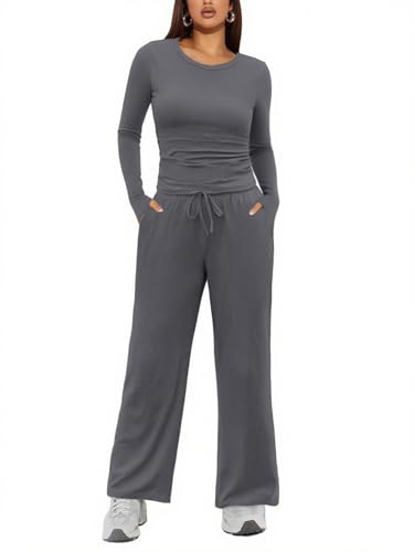 Ekouaer Hausanzug Damen Lang Schlafanzug Pyjama Set Zweiteiliger Loungewear Winter Rundhals Nachtwäsche mit Tasche, Dunkelgrau XXL von Ekouaer