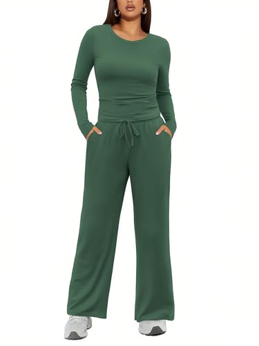 Ekouaer Hausanzug Damen Lang Schlafanzug Pyjama Set Zweiteiliger Loungewear Winter Rundhals Nachtwäsche mit Tasche, Dunkelgrün XXL von Ekouaer