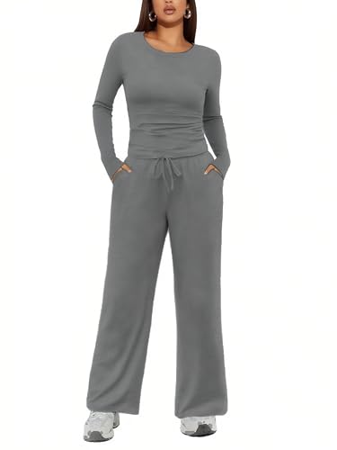 Ekouaer Hausanzug Damen Lang Schlafanzug Pyjama Set Zweiteiliger Loungewear Winter Rundhals Nachtwäsche mit Tasche, Grau XXL von Ekouaer