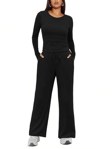Ekouaer Hausanzug Damen Lang Schlafanzug Pyjama Set Zweiteiliger Loungewear Winter Rundhals Nachtwäsche mit Tasche, Schwarz XXL von Ekouaer