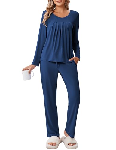 Ekouaer Schlafanzug Damen Lang Baumwolle Pyjamas Langarm Lounge Set Pyjama Winter Nachtwäsche Warm, Blau, M von Ekouaer