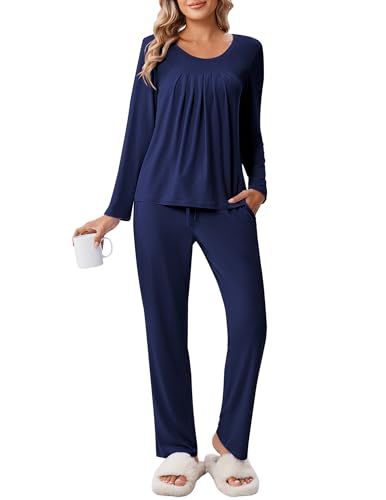 Ekouaer Schlafanzug Damen Winter Kuschelig Pyjama Set Lang Langarm Nachtwäsche Warm Hausanzug, Navyblau, XL von Ekouaer
