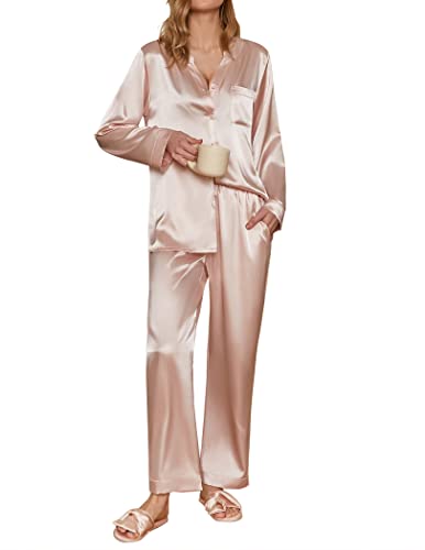 Ekouaer Hausanzug Langarm Schlafanzug Damen Lang Warm Pyjama Lange Hose Nachtwäsche Satin Loungewear V-Ausschnitt Winter, Champagner, XXL von Ekouaer