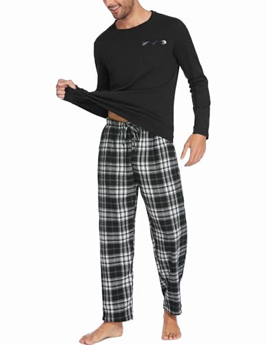 Ekouaer Herren Lang Rundhals Zweiteiliger Schlafanzug Pyjama Set Baumwolle Nachtwäsche mit Tasche Schwarz Langarm Shirt mit Karierter Hose,Schwarz 1,XL von Ekouaer