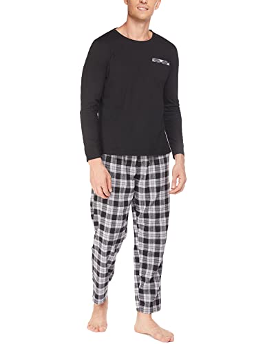 Ekouaer Herren Lang Rundhals Zweiteiliger Schlafanzug Pyjama Set Baumwolle Nachtwäsche mit Tasche Schwarz Langarm Shirt mit Karierter Hose XL von Ekouaer