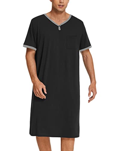 Ekouaer Herren Nachthemd Nachtwäsche Comfy Big & Tall Kurzarm Henley Sleep Shirt, Schwarz, XX-Large von Ekouaer