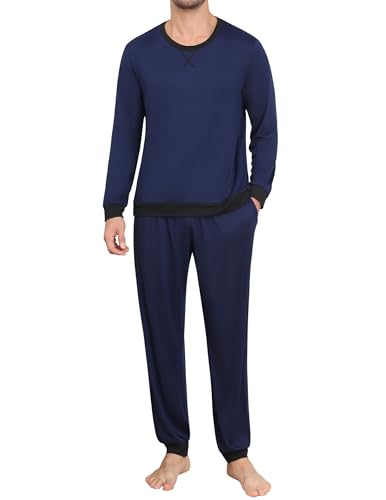 Ekouaer Herren Pyjama Lang Herrenschlafanzug Langarm Pjama Set Pyjamahose und Shirt Loungewear, Blau, XL von Ekouaer