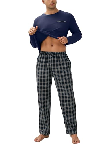 Ekouaer Herren Pyjama Lang Schlafanzug Set Baumwolle Rundhals Langarm Shirt mit Tasche Pyjamahose Zweiteilig Nachtwäsche Dunkelblau L von Ekouaer