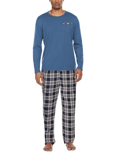 Ekouaer Herren Pyjama Langarm Zweiteiliger Winter Baumwolle Schlafanzug Lang Set Nachtwäsche Navy Blau XXL von Ekouaer