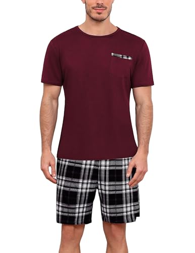 Ekouaer Herren Pyjama Set Kurzarm Nachtwäsche Schlafshorts Zweiteiliger Kurz Hose und T Shirt mit Brusttasche, Dunkelrot+Karierter, M von Ekouaer