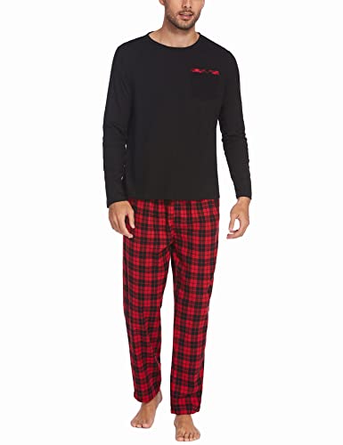 Ekouaer Herren Schlafanzug Lang Pyjama Baumwolle Langarm Shirt mit Tasche Pyjamahose Zweiteilig Set Nachtwäsche Schwarz XL von Ekouaer