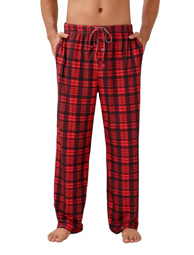 Ekouaer Schlafanzughose Herren Kurz Leichte Karierte Pyjama Herren Schlafanzughose PJ Hose mit Taschen und Knopfleiste Rot Schwarz M von Ekouaer
