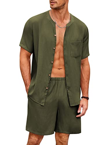 Ekouaer Herren Pyjamaset Kurz Schlafanzug Kurzarm Loungewear Baumwolle Elegant Shorty Hose, Armeegrün, M von Ekouaer