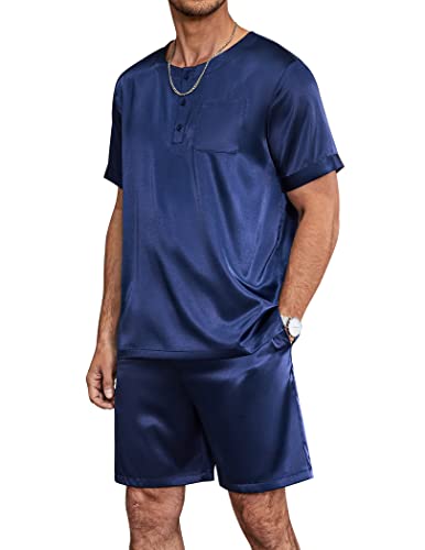 Ekouaer Herren Pyjamaset Kurz Schlafanzug Kurzarm Loungewear Satin Elegant Shorty Hose Seiden Pyjama Anzug, Navyblau, M von Ekouaer