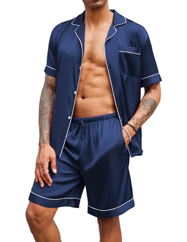 Ekouaer Herren Satin Pyjama Set Button-Down Kurz/Langarm Shirt Top Weiche Seide Nachtwäsche Lose Tasche Hose Loungewear, Marineblau, XXL von Ekouaer