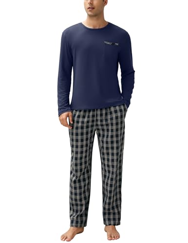Ekouaer Herren Schlafanzug, Lang Pyjama Set, Baumwolle Zweiteiliger Nachtwäsche, Langarm Shirt Rundhals Schlafanzughose Hausanzug Freizeitanzug für Männer Blau 1 M von Ekouaer