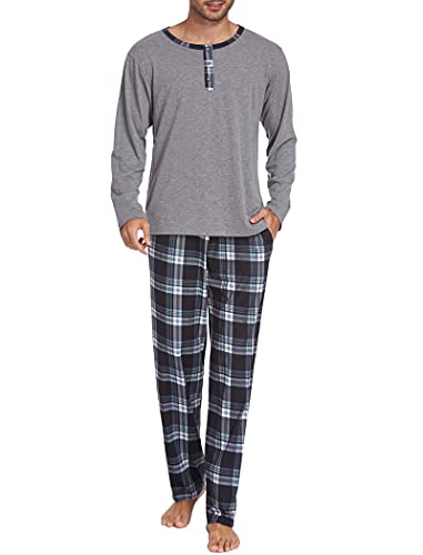 Ekouaer Herren Schlafanzug Herren Pyjama Zweiteiliger Nachtwäsche Langarm Oberteil und Loungehose Lang Pyjama Set Männer mit Tasche Sleepwear Grau M von Ekouaer