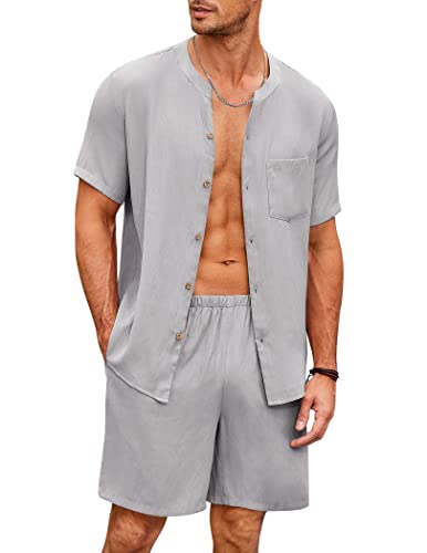Ekouaer Herren Schlafanzug Kurz Pyjama Baumwolle Kurzarm T-Shirt Pyjamahose Zweiteilig Set Knopfleiste, Grau, XL von Ekouaer