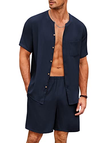 Ekouaer Herren Schlafanzug Kurz Pyjama Baumwolle Kurzarm T-Shirt Pyjamahose Zweiteilig Set Knopfleiste, Navyblau, M von Ekouaer