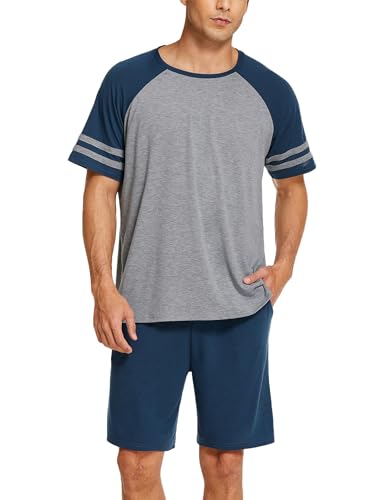 Ekouaer Schlafanzug Herren Kurz Pyjama Herren Kurz Set Kurzarm Oberteil und Shorts Zweiteilig Nachtwäsche,Dunkelblau L von Ekouaer