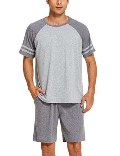 Ekouaer Schlafanzug Herren Kurz Pyjama Herren Kurz Set Kurzarm Oberteil und Shorts Zweiteilig Nachtwäsche,Grau M von Ekouaer