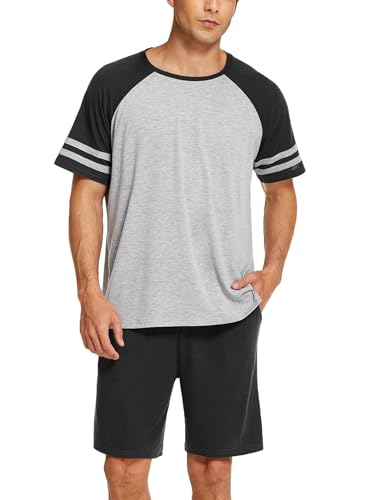 Ekouaer Herren Schlafanzug Kurz Pyjama Kurzarm T-Shirt Pyjamahose Zweiteilig Set Sommer Nightwear Kontrastfarben, Schwarz Grau L von Ekouaer