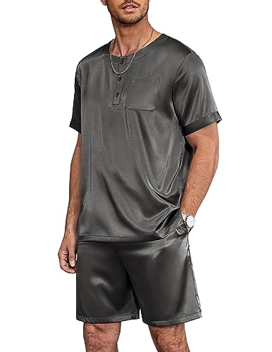 Ekouaer Herren Schlafanzug Kurz Pyjama Satin Kurzarm T-Shirt Pyjamahose Zweiteilig Set Pyjama Anzug Seiden Shorty, Dunkel Grau, S von Ekouaer