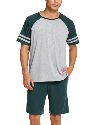 Ekouaer Herren Schlafanzug Kurz Pyjama Set Zweiteiliger Set Weich Hausanzug Rundhals T-Shirt und Schlafshorts Sommer, Dunkelgrün M von Ekouaer