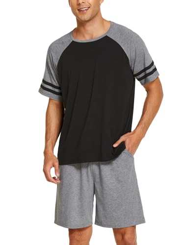 Ekouaer Herren Schlafanzug Kurz Pyjama Set Zweiteiliger Set Weich Hausanzug Rundhals T-Shirt und Schlafshorts Sommer, Grau Schwarz S von Ekouaer