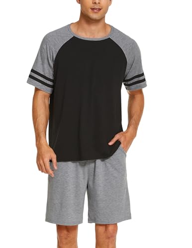 Ekouaer Pyjama Herren Kurz Schlafanzug Herren Kurz Set Kurzarm Oberteil und Shorts Zweiteilig Nachtwäsche,Grau Schwarz S von Ekouaer
