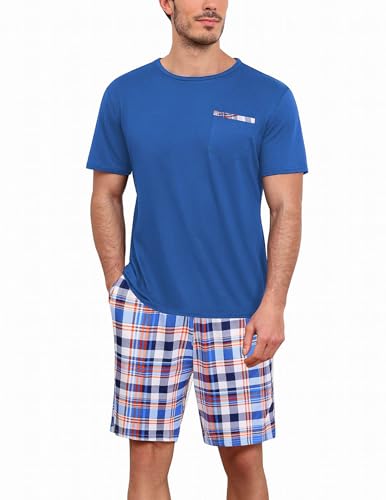 Ekouaer Herren Schlafanzug Kurz Pyjama Set mit Oberteil und kurzer Hose für Herren Weich T Shirt Shorts Freizeitanzug, Himmelblau+Karierter, XXL von Ekouaer