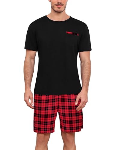 Ekouaer Herren Schlafanzug Kurz Pyjama Set mit Oberteil und kurzer Hose für Herren Weich T Shirt Shorts Freizeitanzug, Schwarz+Karierter, XXL von Ekouaer