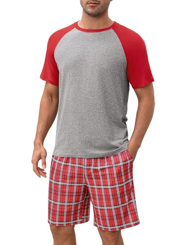 Ekouaer Herren Schlafanzug Kurz Pyjamas Set Kariert Pyjamahose mit Kordelzug und Kurzarm Shirt Rundhals, Rotkariert, M von Ekouaer