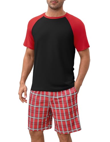 Ekouaer Herren Schlafanzug Kurz Pyjamas Set Kariert Pyjamahose mit Kordelzug und Kurzarm Shirt Rundhals, Schwarz-Rotkariert, M von Ekouaer
