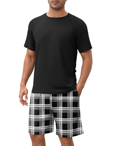 Ekouaer Herren Schlafanzug Kurz Pyjamas Set Kariert Pyjamahose mit Kordelzug und Kurzarm Shirt Rundhals, Schwarzkariert, M von Ekouaer