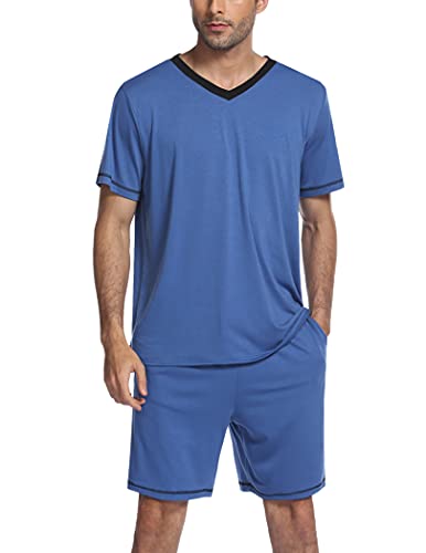 Ekouaer Schlafanzug Herren kurz Pyjama Herren kurzer Pj Sets Zweiteiliger Set Weich Hausanzug Kurzarm Blau XXL von Ekouaer