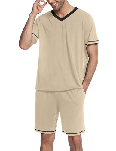 Ekouaer Schlafanzug Herren kurz Pyjama Herren kurzer Pj Sets Zweiteiliger Set Weich Hausanzug Kurzarm Leichter Kaffee XXL von Ekouaer