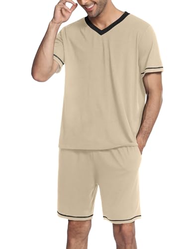 Ekouaer Herren Schlafanzug Kurz Sommer Kuzrarm Pyjama Set für Männer mit Taschen Sleepwears Leichter Kaffee L von Ekouaer