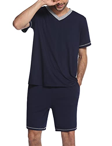 Ekouaer Herren Schlafanzug Kurz Sommer Kuzrarm Pyjama Set für Männer mit Taschen Sleepwears Navyblau L von Ekouaer