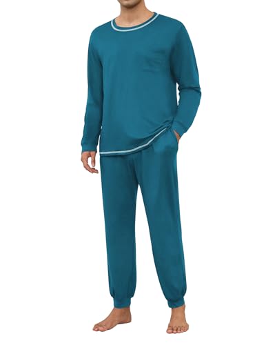 Ekouaer Herren Schlafanzug Lang Baumwolle Herrenschlafanzug Winter Pyjamas mit Langarmshirt und Pyjamahose für Männer Blau S von Ekouaer