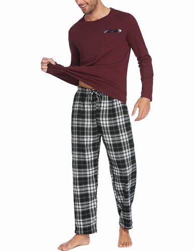 Ekouaer Herren Schlafanzug Lang Baumwolle Pyjama Langarm Shirt mit Tasche Pyjamahose Zweiteilig Set Bunt Nachtwäsche Dunkelrot L von Ekouaer